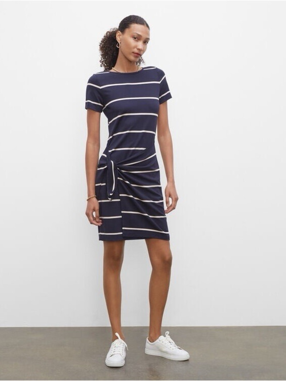 CLUB MONACO Twansia Navy Striped Tee Shirt Dress with Side Wrap Tie